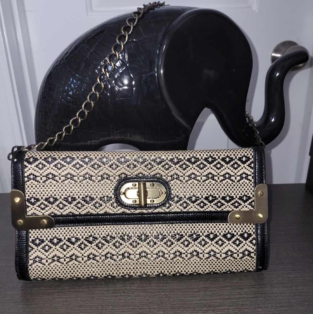 Bebe Black & Tan Woven Bag with Chain Strap